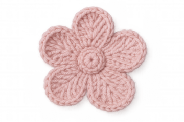 Knitted pink flower isolated on transparent background, perfect for hobby, craft, and decorative design projects