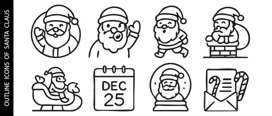 A set of outline icons dedicated to Santa Claus and Christmas holidays.