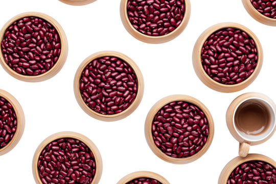 Red beans in shallow bowls, arranged in a repeating pattern on a black background.  A small cup sits at the bottom right