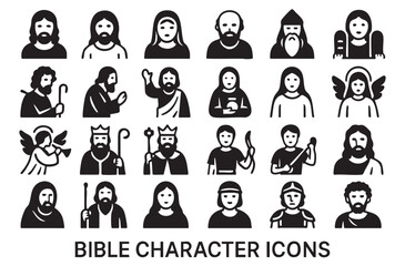 Collection of black and white figures of different biblical characters.