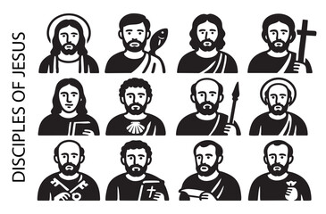 black and white figures of Jesus Christ and his disciples. Vector