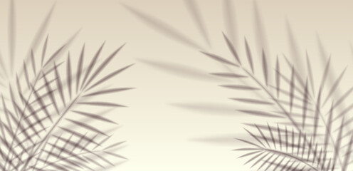 Fototapeta premium Tropical palm foliage shadow with sunlight blur effect on wall. Realistic vector overlay background for exotic beach template, presentation, spring nature design or mockup element.