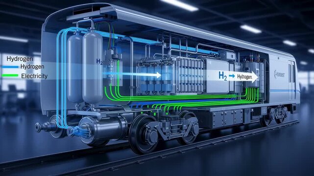 Crosssectional technical view of a hydrogen fuelcell train module displaying fuel flow and electrical output during experimental trials.