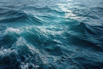 Realistic blue sea water texture showcases gentle waves and shimmering surface under daylight, creating a tranquil aquatic atmosphere