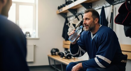 Mature caucasian male hockey player hydrating in locker room with blue jersey