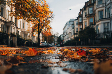 fallen autumn leaves on wet cobblestone street with classic european buildings and soft golden light