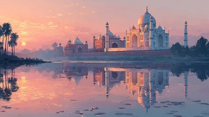 Fototapeta premium Taj Mahal at Sunset Reflected in Yamuna River, Agra, India
