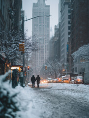 snowy city street with people walking among tall buildings and glowing lights