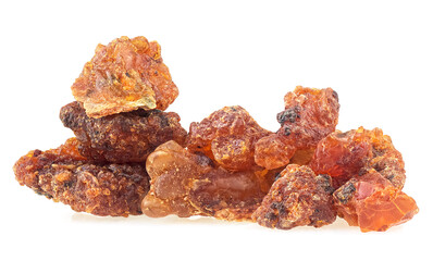 Brown Myrrh Resin isolated on a white background. Natural Frankincense Olibanum. Incense.