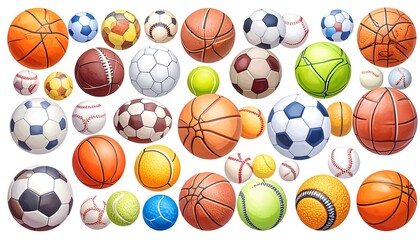Assortment of various sports balls, showcasing diverse game equipment on a white backdrop
