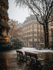 snow-covered european square with haussmann buildings and benches in romantic winter setting