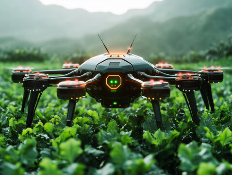 Futuristic multirotor drone with glowing LEDs hovers over lush crops in a mountain valley, using sensors and AI for precision farming and detailed crop health monitoring.