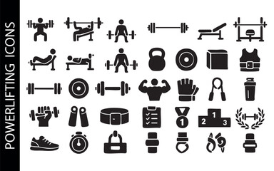 set of black powerlifting icons. Vector