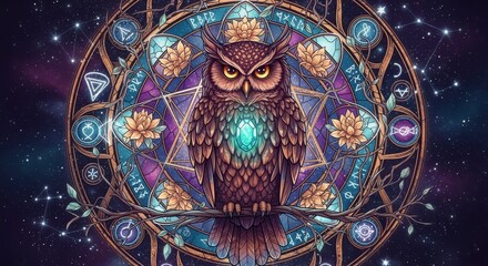 A mystical owl perched on a branch, surrounded by intricate geometric patterns and celestial elements, radiating an ethereal glow.