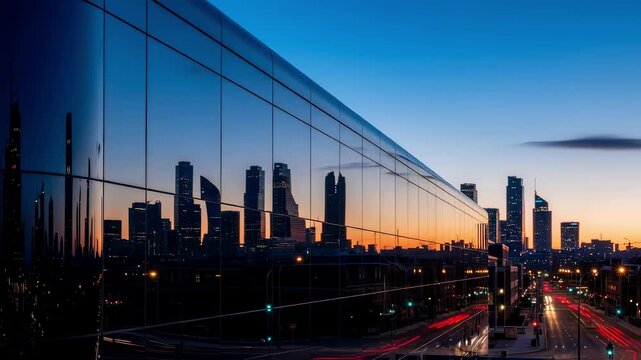 Cinematic panning shot of newly clad building with vacuumglazed prefab fa&ccedil;ade panels reflecting city skyline at dusk.