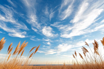 Golden dry grass swaying in the wind against bright blue sky with soft white clouds, creating a serene natural coastal scene