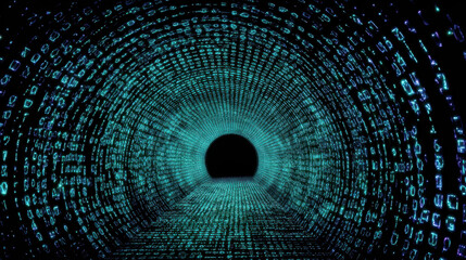 Digital tunnel with glowing binary code creates futuristic atmosphere, symbolizing technology and data flow. vibrant blue and green colors enhance sense of depth and movement