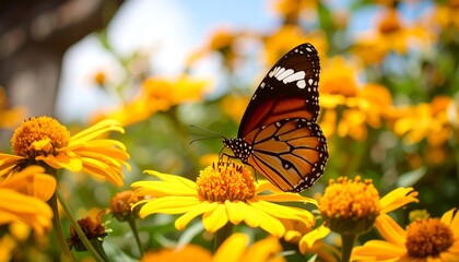 Obraz premium Butterfly on vibrant yellow flowers