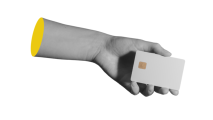 Isolated human fingers offering a blank chip card, payment technology concept..