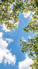 Fototapeta premium Green leafy tree branches frame a vibrant blue sky with scattered fluffy white clouds, captured from below on a sunny day
