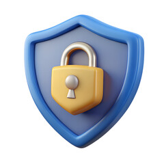 3D isometric security shield with encryption elements, white background.