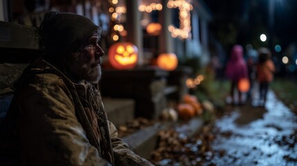 Homeless man sitting on the street during Halloween night with glowing pumpkins