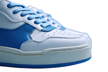 Close-up of white sneakers with blue accents.  Details include laces, perforated toe cap, and sole