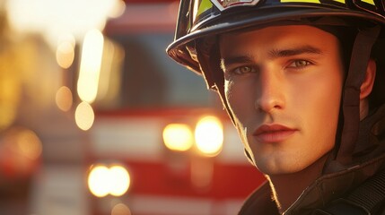 Brave firefighter stands confidently in front of fire truck during golden hour, showcasing dedication and courage to community safety