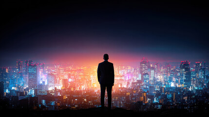 Obraz na płótnie Canvas Silhouette of person in suit stands against vibrant city skyline at night, illuminated by colorful lights. scene evokes sense of ambition and wonder, showcasing modern urban landscape