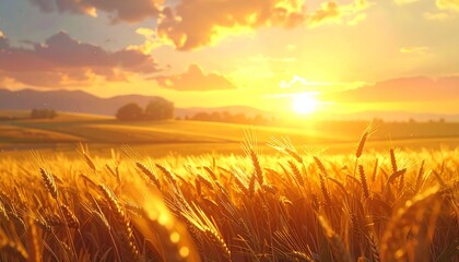 Obraz premium Golden barley swaying under a glowing horizon, rich sharp textures, 