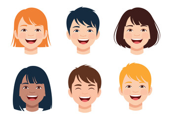 Collection of happy diverse children faces with different hair colors and skin tones