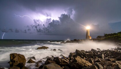 Dramatic lighthouse at night with stormy seas and lightning