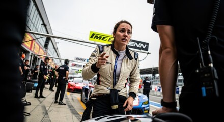 Obraz premium Female caucasian adult race car driver in action at motorsport event