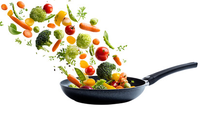 Fresh vegetables flying into a frying pan for cooking on white background. 