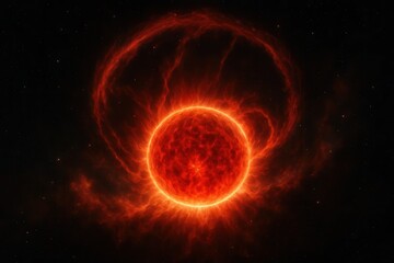 Obraz premium A fiery red and orange star, an isolated celestial body, glows intensely in the dark expanse of space, surrounded by swirling cosmic plasma and distant stars. Vibrant digital illustration.