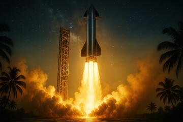 Futuristic rocket launching into the starry night sky from a tropical beach, surrounded by fiery exhaust, golden smoke, and silhouetted palm trees, representing innovation and space exploration.