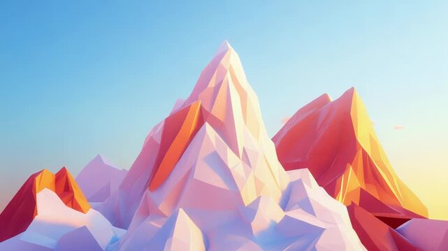 Low poly mountainscape shining under blue sky at sunset