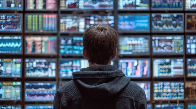 Person looking at wall of screens - Powered by Adobe