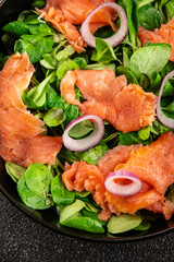 Salmon Salad appetizer seafood fresh fish second course portion size natural product tasty snack fresh food background on the table rustic copy space keto and paleo diet vegetarian pescetarian diet