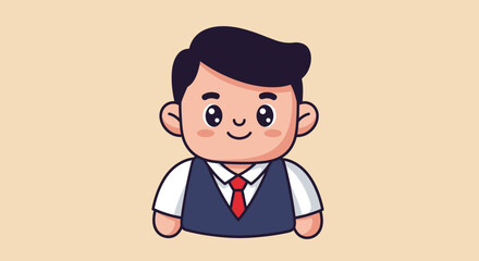 Cute cartoon illustration of a happy young man in a formal blue vest. Adorable chibi style male character avatar icon