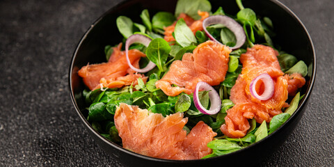 Salmon Salad appetizer seafood fresh fish second course portion size natural product tasty snack fresh food background on the table rustic copy space keto and paleo diet vegetarian pescetarian diet