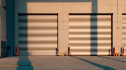 Industrial garage doors with shadows, showcasing a clean urban environment during sunset