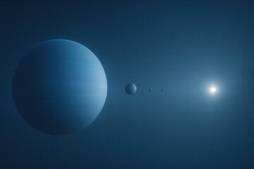 Obraz premium Vast cosmic illustration of a large blue gas giant planet and its orbiting moons, illuminated by a distant, bright star against a dark, star-filled galaxy background.