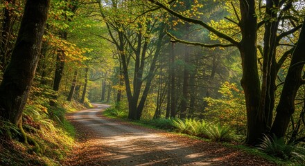 Naklejka premium Sunlight Through Trees Along a Forest Road in Autumn, Peaceful Nature Scene