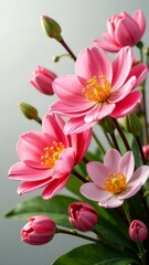 Obraz premium Beautiful pink flowers on grey-green background, close-up