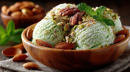 Pistachio Ice Cream Scoops with Almonds and Pecans in Wooden Bowl