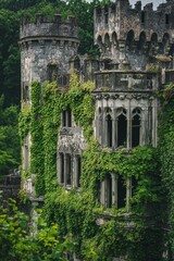 ancient stone castle covered in ivy surrounded by dense green forest