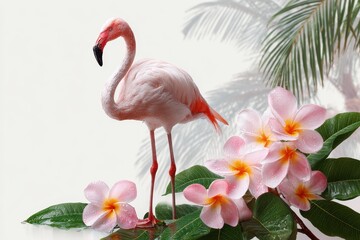 Tropical paradise featuring a pink flamingo standing gracefully among vibrant flowers and lush green foliage