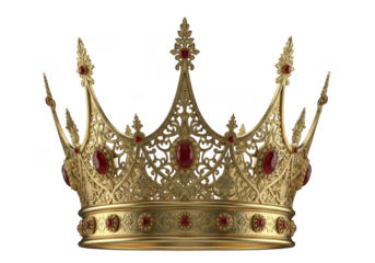 Ornate gold royal crown with red jewels isolated on transparent background