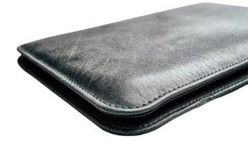 Close-up of a dark gray leather wallet.  Folded, showing supple leather texture and stitching
